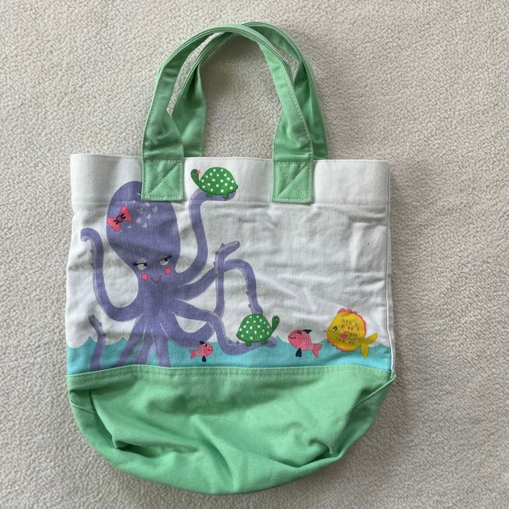 Pottery Barn Kids Tote Bag Kids Medium Green Octopus Fish Turtle Canvas Nautical